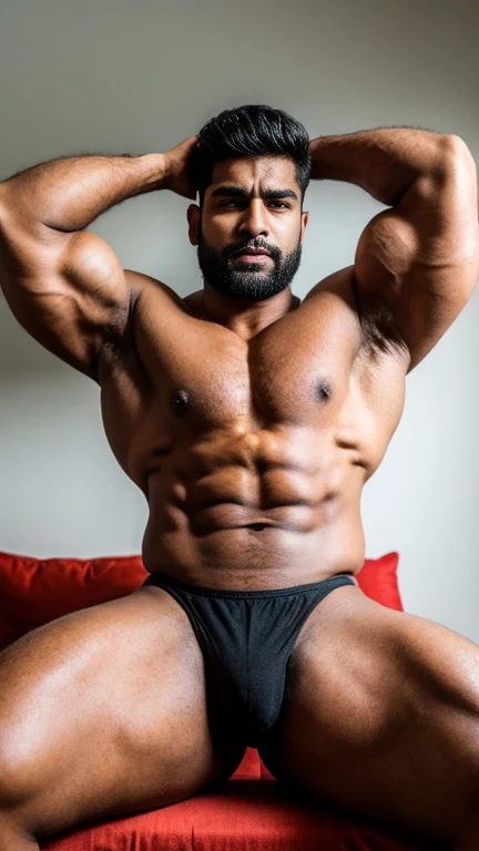 25 years old Desi mascular jaat man with Pain is raging on the face, making aggressive face expressions looked downward and tattoos on biceps huge wide muscular shoulders, wide chest, abs, masculine wide triceps, arms, biceps, big masculine legs, wide thighs, calfs, black-haired, hair falls on your face, Mesmerizing brown eyes, standing with spread legs in bedroom,