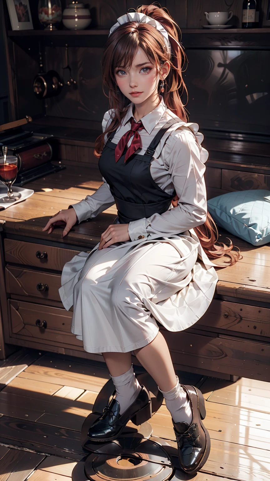 masterpiece,(Highest quality, figure,Detailed face:1.3),(One girl,alone:1.3),Beautiful attention to detail,  apron, Slope_background, Slope, Maid, Purple eyes,red hair,Small breasts,, break, enMaided, white_apron, black_dress, ponytail, black_footwear, frills_apron, dress, Maid_apron, Alternative_hair,very long hair, Split_ponytail, Hello 