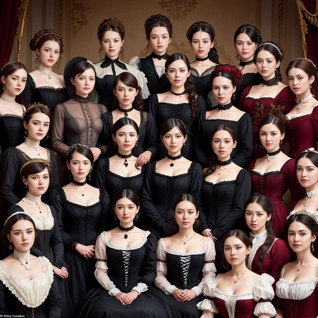 beautiful group of 19 person woman wearing victorian costume focus on face, in the opera stage