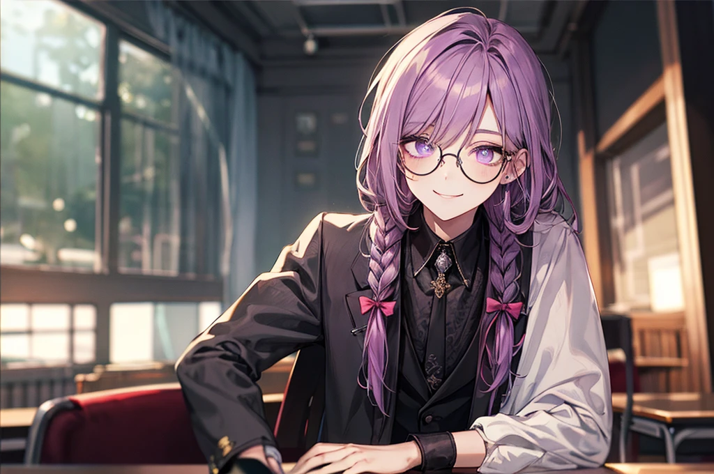 men's,single braid hair,violet colored hair,(Eye 1:2,Clear eyes,Elaborate Eyes,Delicate pupils,Good eyes,eye detailed),Face Focus,Adult,In black suit,best qualtiy,facial detailing,Classroom,sit on desk,sitting in the couch,lazy,Detailed background,diffuse sunlight,depth of fields,Studying Smiling at your desk, violet eyes,black gloves, round glasses, long sleeves,violet hair, smile,