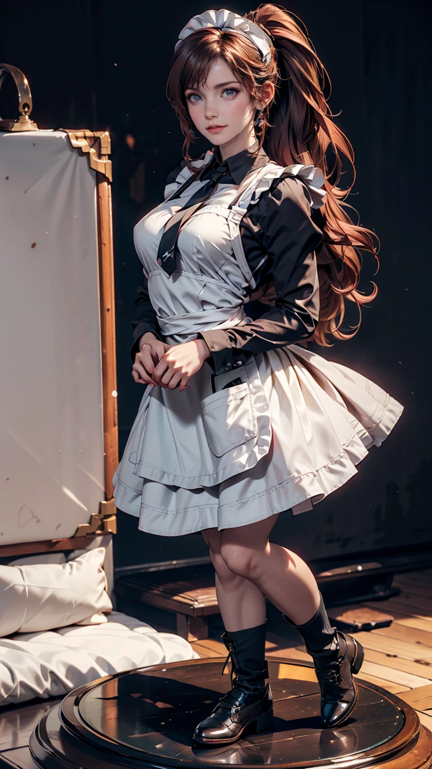 masterpiece,(Highest quality, figure,Detailed face:1.3),(One girl,alone:1.3),Beautiful attention to detail, apron, Slope_background, Slope, Maid, Purple eyes,red hair,Small breasts,, break, enMaided, white_apron, black_dress, ponytail, black_footwear, frills_apron, dress, Maid_apron, Alternative_hair,very long hair, Split_ponytail, Hello