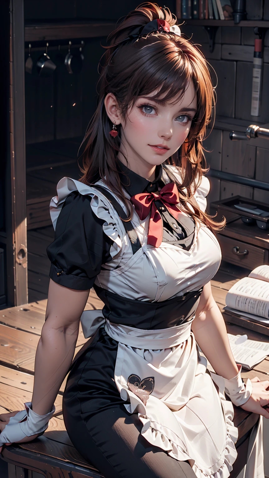 masterpiece,(Highest quality, figure,Detailed face:1.3),(One girl,alone:1.3),Beautiful attention to detail,  apron, Slope_background, Slope, Maid, Purple eyes,red hair,Small breasts,, break, enMaided, white_apron, black_dress, ponytail, black_footwear, frills_apron, dress, Maid_apron, Alternative_hair,very long hair, Split_ponytail, Hello 