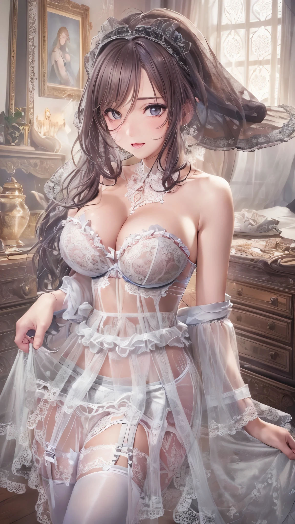 ((Highest quality)),(Ultra-high resolution),(Super detailed),(Detailed Description),((The best CG)),(masterpiece),Highly detailed art,(Art with precise detail:1.5), (Lace Strapless Bra:1.6),(See-through flared skirt:1.6),(Garter Stockings:1.6)