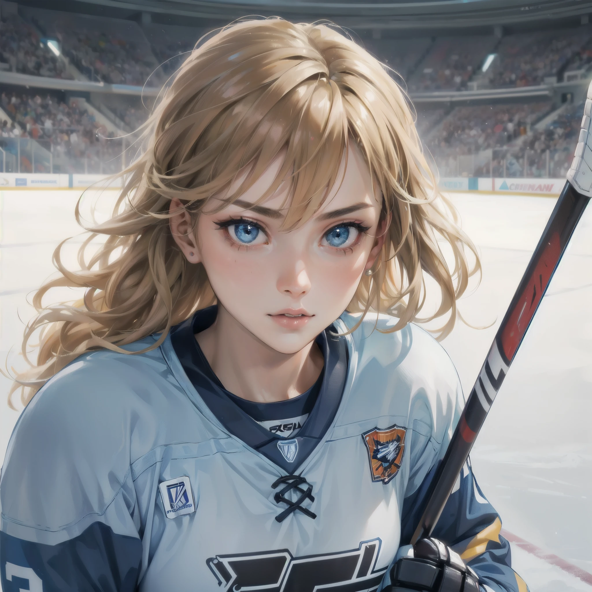 masterpiece, (textured skin), best quality, gorgeous beautiful girl, (a female ice hockey athlete), detailed clothes,large breasts,narrow waist,, (beautiful face), cinematic lighting, (at ice hockeyl venue ),