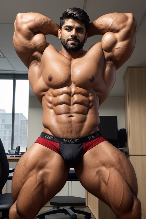 30 years old Desi mascular jaatwith huge wide muscular shoulders, wide chest, abs, masculine wide triceps, arms, biceps, big masculine legs, wide thighs, calfs, black-haired, hair falls on your face, Mesmerizing brown eyes, red underwear, in office