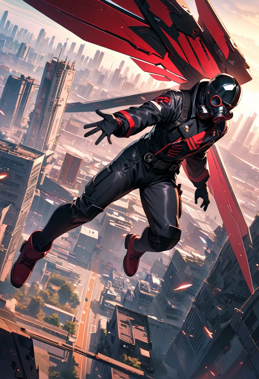 (masterpiece, best quality:1.1), (ultra highres, ultra-detailed:1.2) ,one boy flying,fly high,fly,sky high,male officer,(pose),(black military cap,military Gasmask,black gloves,many gear shaped button,has gun(Luger-P08),(mechanical wings),),neon-colored Mecha wings,BREAK cyberpunk nazi-suit,thin body,(sky of ruined city),japan,dynamic angle,
