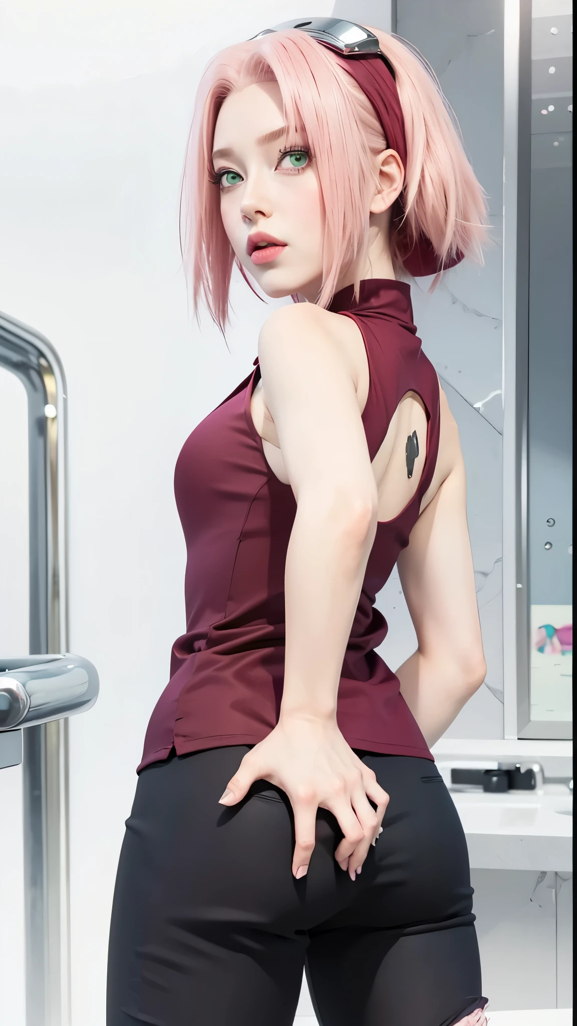 young woman, porcelain skin, long bubblegum pink hair, big pink lips, big emerald green eyes, pink eyebrows, red clothes, Sakura Haruno, 3d, realism, 8k