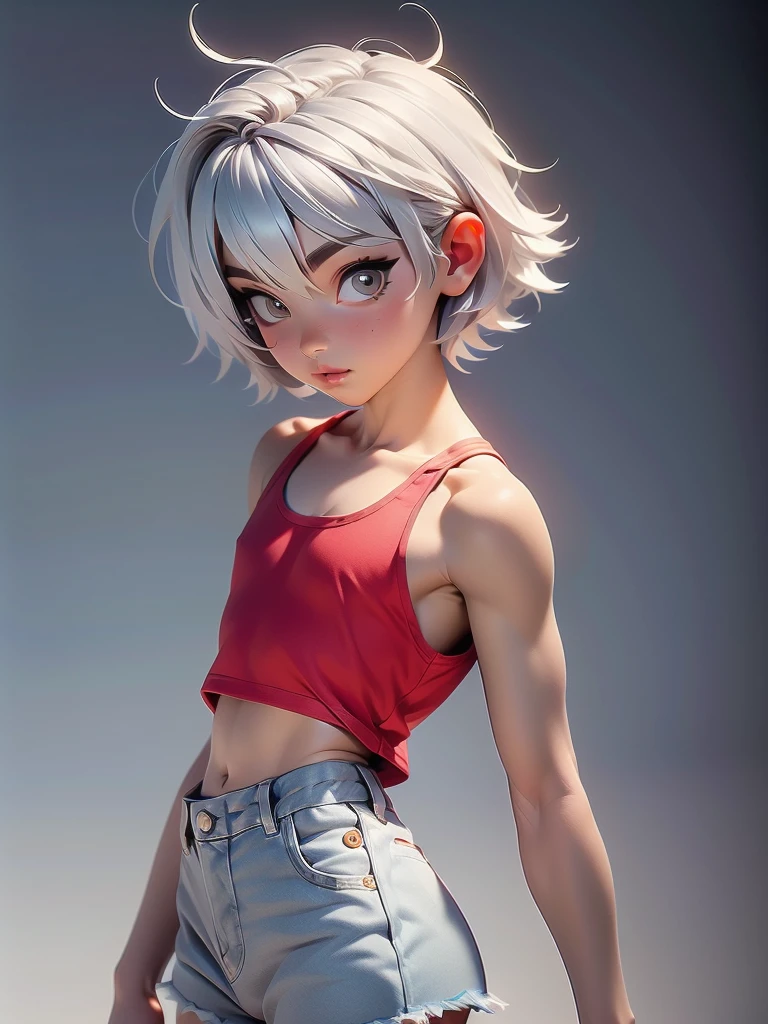 masterpiece, highest quality, 8k, Cinematic Light, Ultra-high resolution, Chibi, One boy,Full Body,Very short hair,Silver Hair, Red tank top, athletic, exposed midriff, denim shorts, big lips, cfemboy, babyface,