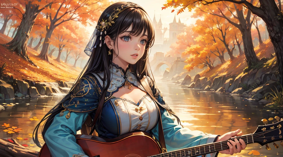 (Better Quality,4K,High resolution:1.2),Ultra-detailed,Realist,Beautiful and fine details,Beautiful lip detail,Highly detailed eyes and face,Long eyelashes,1 female,Woman sitting on a tree trunk playing guitar,autumn's,Fallen leaves,Light and Shadow of the Movie,khd,photoRealist:Bright colors:1.1,Bright leaves:1.1,natural backlight:1.1,Calm expression,Soft and warm sunlight,Happy atmosphere,rich vegetation,Melodic Voice,Microphone in hand,Flowing green dress,Loose, flowing hair,Floating notes,Mike stand,Increased contrast:1.1,Dynamic pose,Smooth bokeh:1.1, Draw a music festival poster,Playing the banjo,Musical note elements