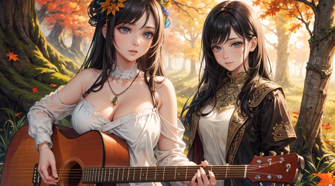 (Better Quality,4K,High resolution:1.2),Ultra-detailed,Realist,Beautiful and fine details,Beautiful lip detail,Highly detailed eyes and face,Long eyelashes,1 female,Woman sitting on a tree trunk playing guitar,autumn&#39;s,Fallen leaves,Light and Shadow of the Movie,khd,photoRealist:Bright colors:1.1,Bright leaves:1.1,natural backlight:1.1,Calm expression,Soft and warm sunlight,Happy atmosphere,rich vegetation,Melodic Voice,Microphone in hand,Flowing green dress,Loose, flowing hair,Floating notes,Mike stand,Increased contrast:1.1,Dynamic pose,Smooth bokeh:1.1, Draw a music festival poster，Playing the banjo，Musical note elements