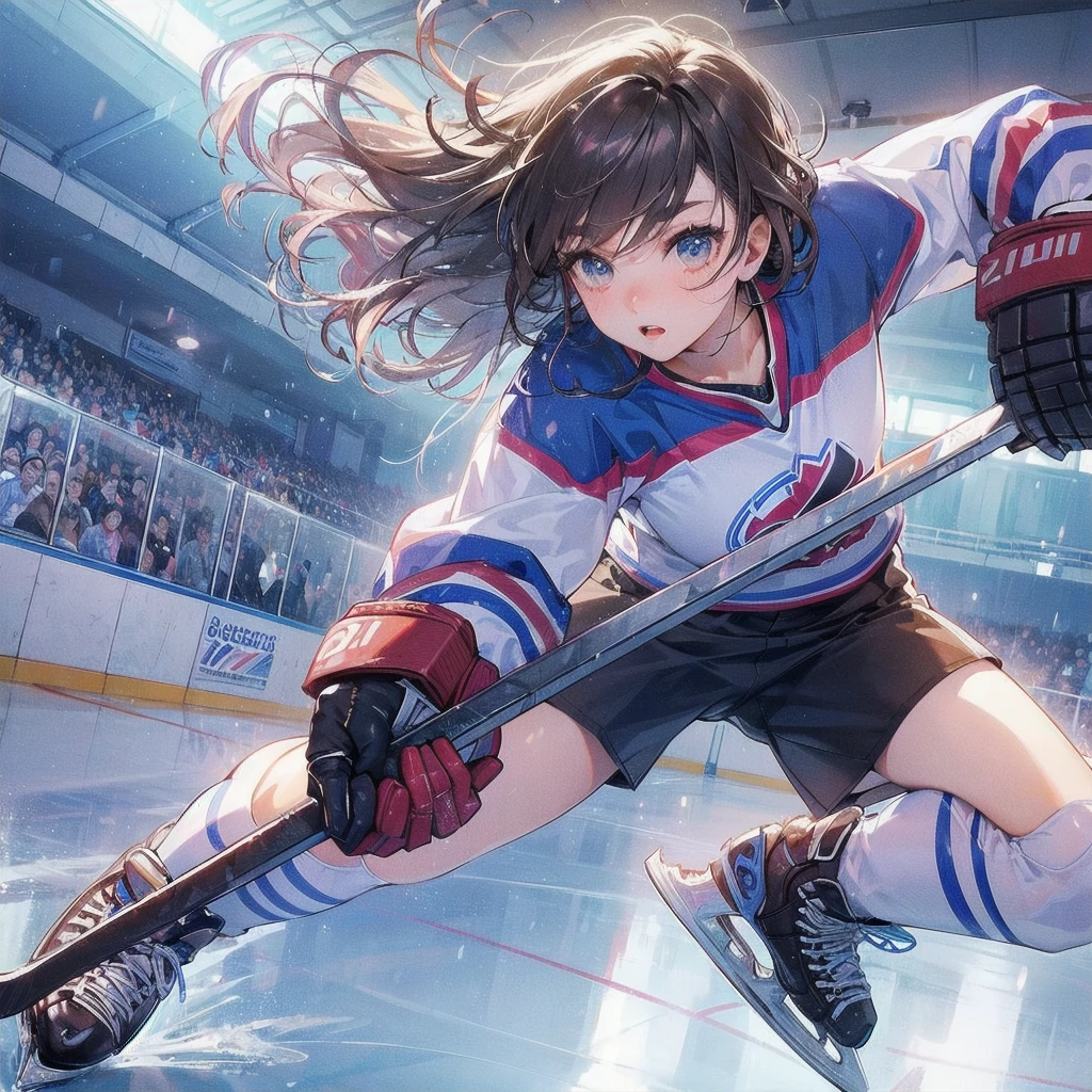 masterpiece, (textured skin), best quality, gorgeous beautiful girl, (a female ice hockey athlete), detailed clothes,large breasts,narrow waist,, (beautiful face), cinematic lighting, (at ice hockeyl venue ),