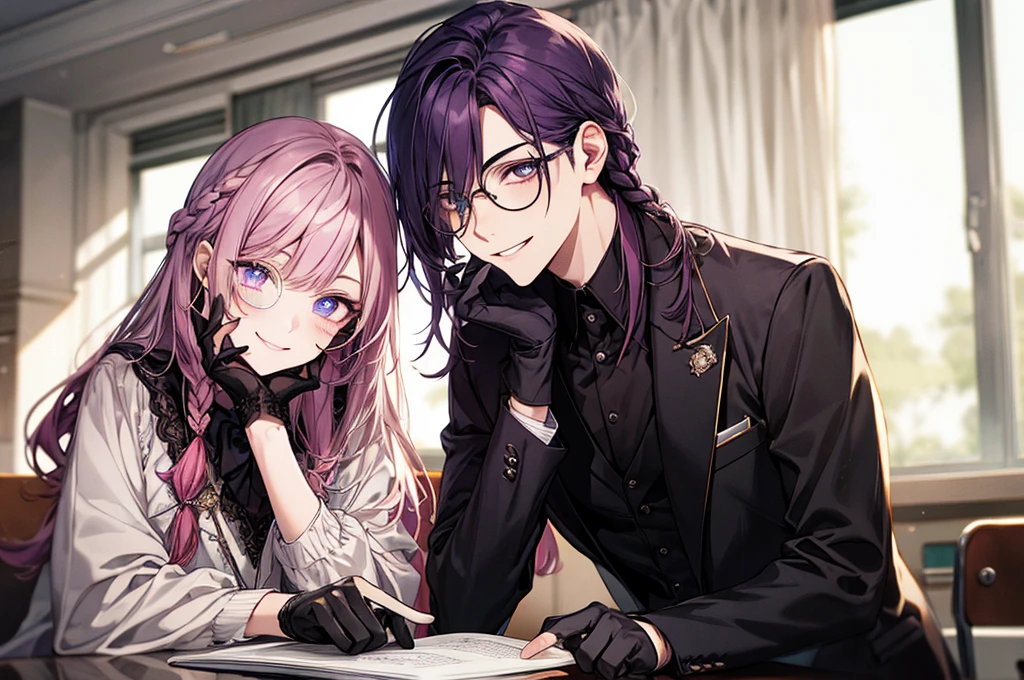 men's,single braid hair,violet colored hair,(Eye 1:2,Clear eyes,Elaborate Eyes,Delicate pupils,Good eyes,eye detailed),Face Focus,Adult,In black suit,best qualtiy,facial detailing,Classroom,sit on desk,sitting in the couch,lazy,Detailed background,diffuse sunlight,depth of fields,Studying Smiling at your desk, violet eyes,black gloves, round glasses, long sleeves,violet hair, smile,