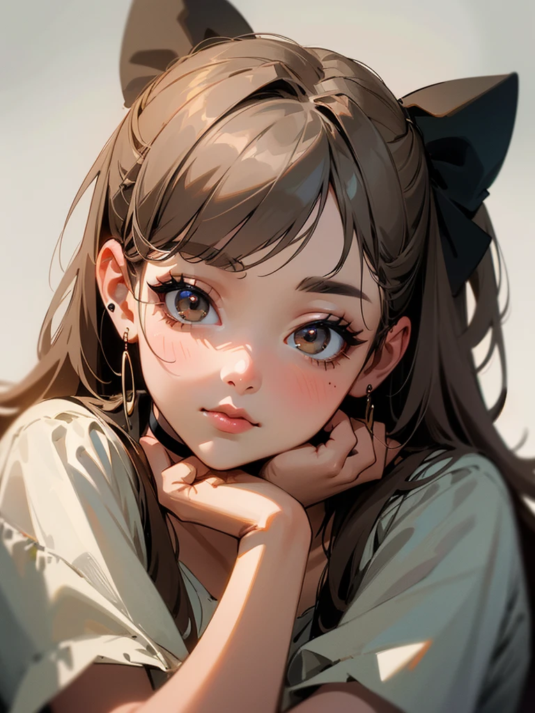 cute, ultra-detailed, illustration, intricate, detailed, extremely detailed, detailed face, soft lighting, soft light, soft focus, perfect face, beautiful, accurate anatomy, overexposure, 8k, 4k, (highres:1.1), best quality, (masterpiece:1.3), 1girl, solo, jewelry, brown eyes, looking at viewer, earrings, grey hair, bangs, choker, closed mouth, portrait, watch, hair ornament, simple background, grey background, long hair, head rest, lips, hair bow, black choker, bow, eyelashes