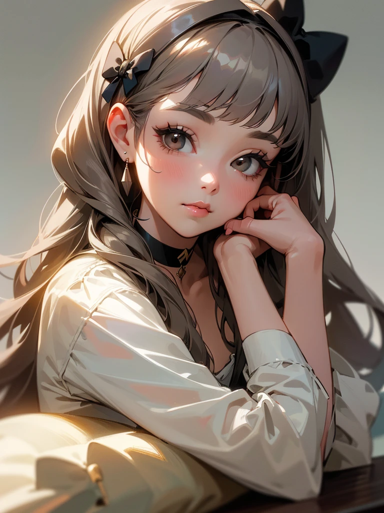 cute, ultra-detailed, illustration, intricate, detailed, extremely detailed, detailed face, soft lighting, soft light, soft focus, perfect face, beautiful, accurate ???????, overexposure, 8k, 4k, (highres:1.1), best quality, (masterpiece:1.3), 1girl, solo, jewelry, brown eyes, looking at viewer, earrings, grey hair, bangs, choker, closed mouth, portrait, watch, hair ornament, simple background, grey background, long hair, head rest, lips, hair bow, black choker, bow, eyelashes