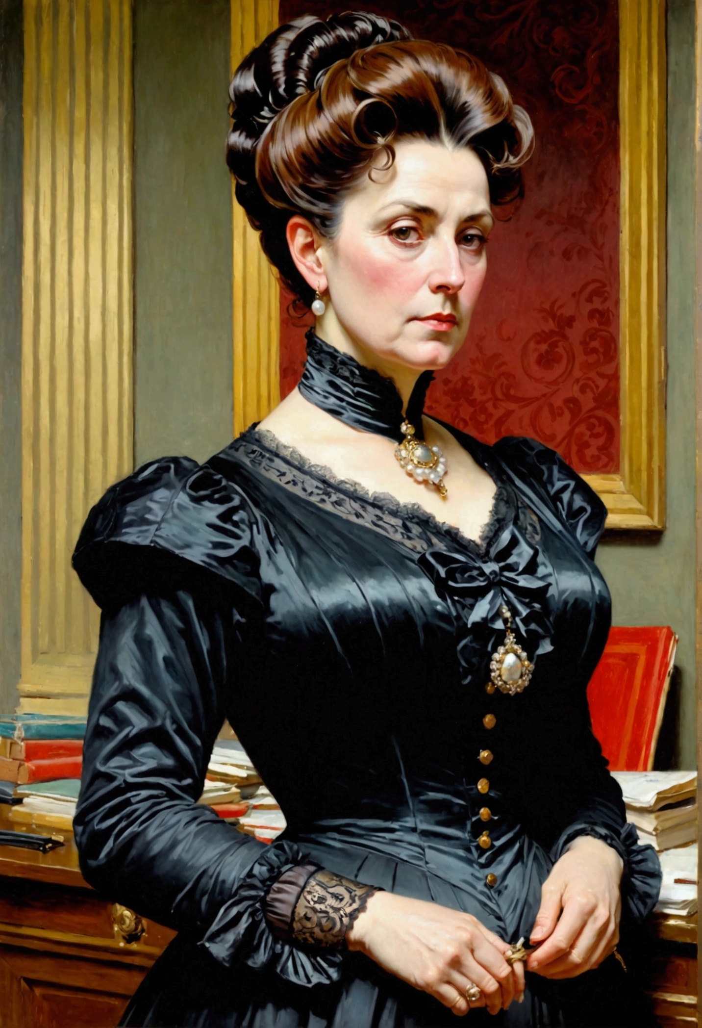 Full-length view, a tall, buxom, full-figured, pretty Victorian mature widow in a black dress and opulent updo hairstyle, standing in a Victorian office looking strict, by Jean Béraud, inspired by Jean Béraud, inspired by Édouard Detaille, edouard leon cortes, inspired by Ivan Kramskoi, inspired by Jean-Louis-Ernest Meissonier, by Édouard Detaille, inspired by Paul Émile Chabas