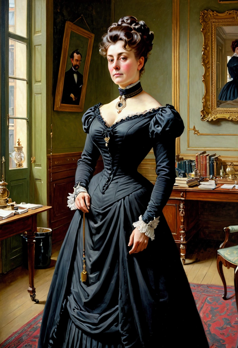 Full-length view, a tall, buxom, full-figured, pretty Victorian mature widow in a black dress and opulent updo hairstyle, standing in a Victorian office looking strict, by Jean Béraud, inspired by Jean Béraud, inspired by Édouard Detaille, edouard leon cortes, inspired by Ivan Kramskoi, inspired by Jean-Louis-Ernest Meissonier, by Édouard Detaille, inspired by Paul Émile Chabas