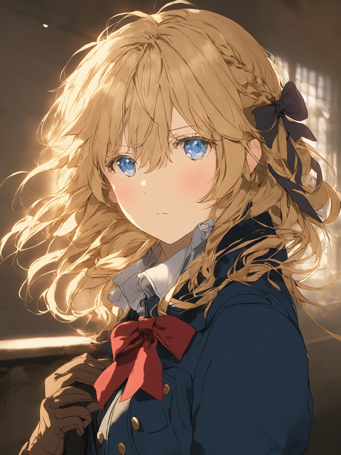 violet_evergarden， 1girl， solo， looking_at_viewer， bangs， blue_eyes， blonde_hair， gloves， ribbon， hair_between_eyes， jewelry， closed_mouth， jacket， hair_ribbon， braid， red_ribbon， hair_intakes， blue_jacket， brooch， brown_gloves， pinching， cheek_pinching,