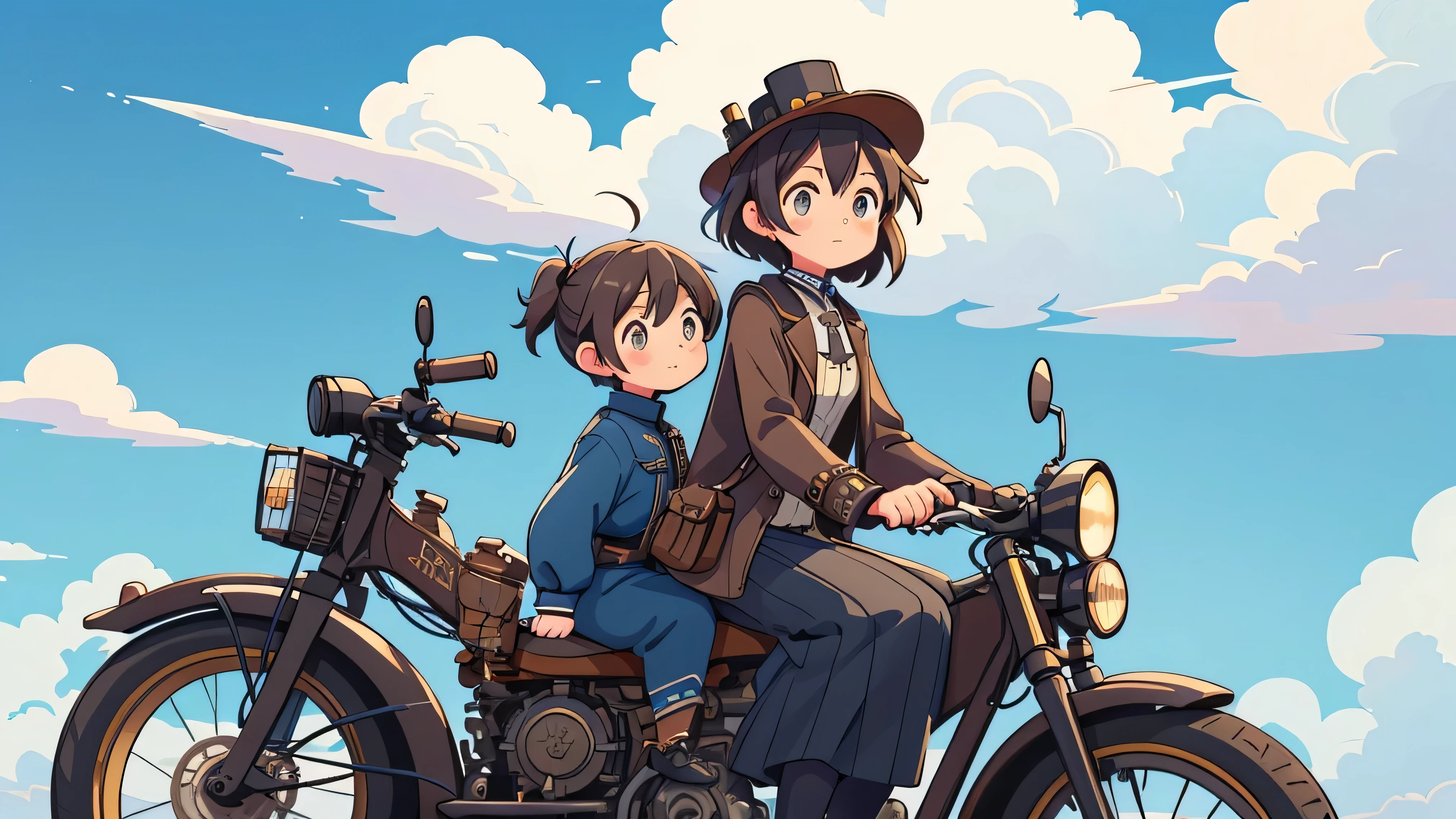 Steampunk。One Girl。Steampunk風の女子高生。Classic bike ride。Ride through a Victorian town。Dynamic Angle。Blue sky and white clouds in the background。