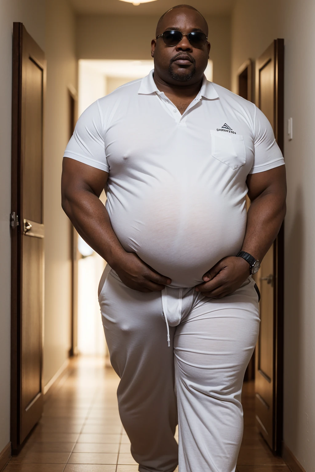 (8K Graphic Art) (bottom of a narrow hallway) sexy: A single bald African man without hair, obese, serious, 40 year old grumpy 35 meter tall bodyguard, corpulento de barriga con una forma redonda con un cuerpo obese completo, wearing a white uniform shirt, Long pants, sunglasses, with his arms supporting his stomach, He has his penis exposed,