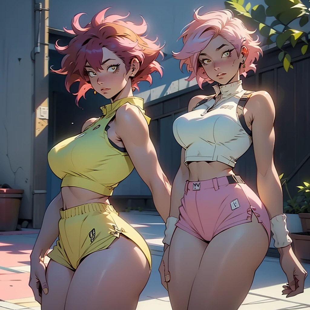 (((2girls))), great aesthetics, ((My Hero Academia)), MINA ASHIDO, voluptuous, gorgeous, attractive, stunning, ((pink_hair)), ((pink_skin)), ((yellow_eyes)), ample hips, insanely detailed accentuated big booty, wearing Victorian laced lingerie, thick thighs, highly detailed, highest quality, ((masterpiece illustration)), 
MOMO, Asian, highly gorgeous, attractive, voluptuous, large_breast, ample hips, insanely detailed accentuated big booty, wearing tennis attire, ((masterpiece, best-quality, ultra_detailed)), beautiful artwork, immersive background, volumetric lighting, 8k uhd, cinematic atmosphere