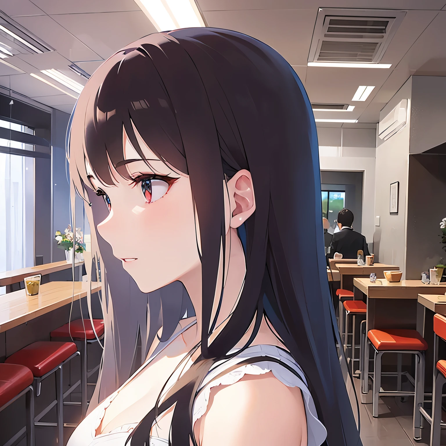 (looking away:1.5),Upper Body,Side shot、Looking down、
Realistic, real person, (pale skin: 1.2), RAW photo, photorealistic, shiny skin, shiny hair、
(A 25-year-old woman with medium-length hair and bangs) and (wavy hair) and (brown hair) and (orange eyes) 、
downcast, Wearing a white V-neck top 、The background is the interior of a restaurant at night.