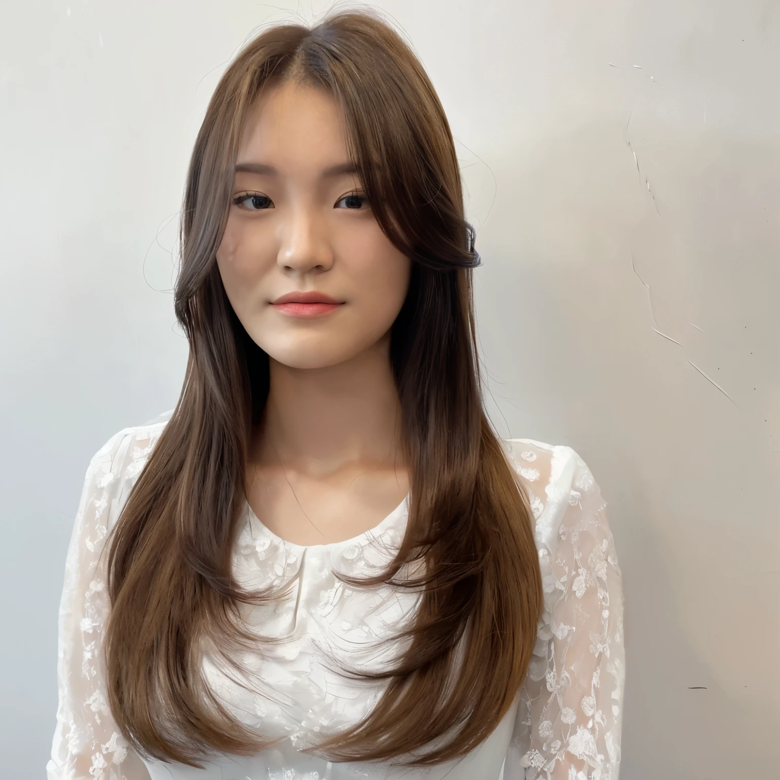 Best Quality, 8k, Masterpiece, (Portrait: 1.3), (photo realistic:1.4), (hyper realistic:1.4), Sharp Focus, looking at viewer, (smoother lighting:1.1), (increase cinematic lighting quality:0.9), realistic lighting, backlighting, light on face, ray trace, (brightening light:1.2), (Increase quality:1.4), sharp detail, (best quality real texture skin:1.4), finely detailed eyes, black_eyes, finely detailed face, 25 year old Korean woman, (white dress_shirt:1.4), (Create an image maintaining the original base model hairstyle:1.5),