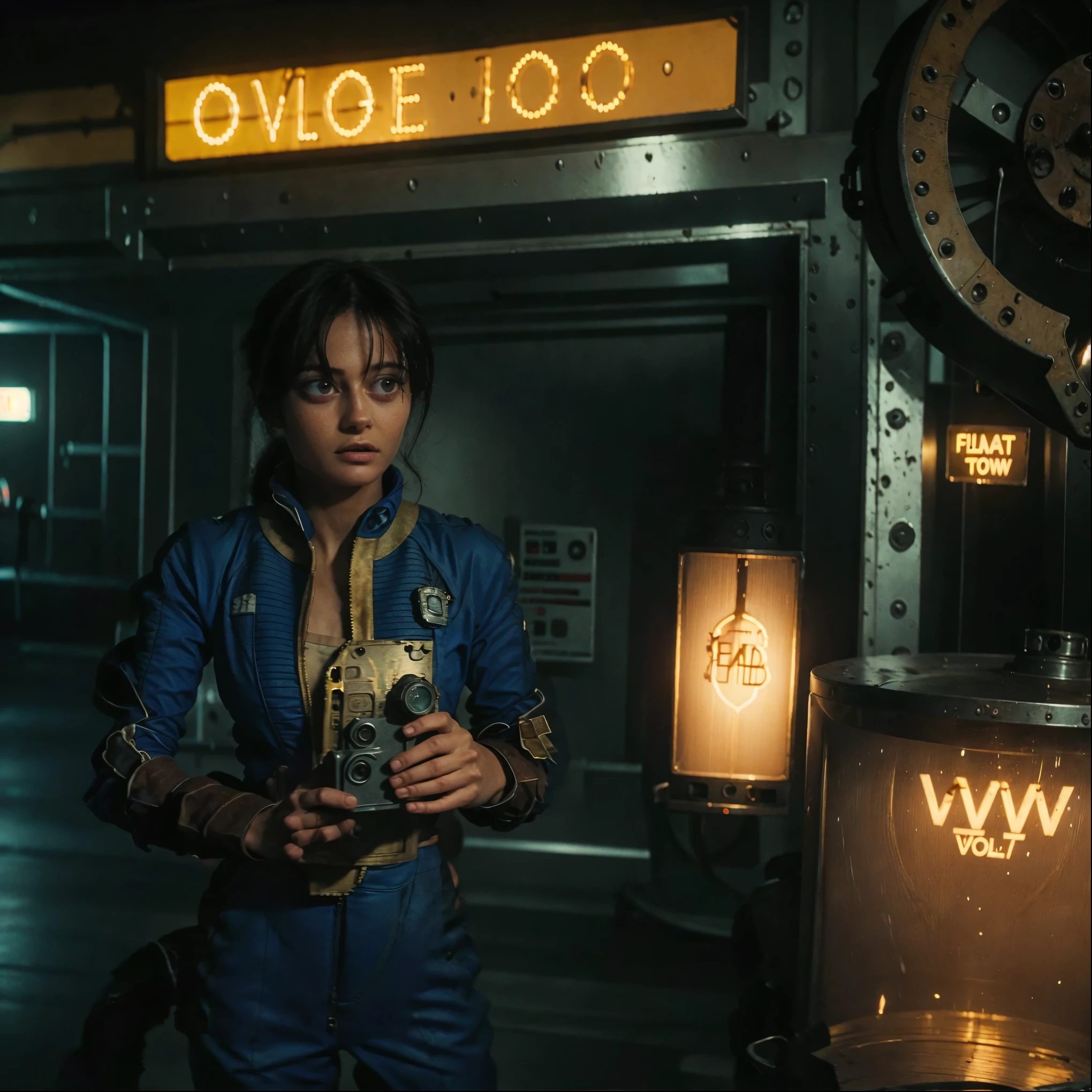 (One person). Fallout TV series. Inside a dimly lit large room in a post-apocalyptic (casino) in Las Vegas. Vaultsuit Lucy, an 18-year-old vault dweller wearing a blue and gold vaultsuit, her black hair disheveled, clutching a large gun in a dimly lit, post-apocalyptic casino. Cinematic. realistic colors, realistic, photorealistic. EllaPurnell1