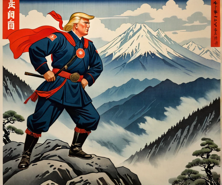 Soviet poster Trump warrior in the mountains,  Ukiyo-e,