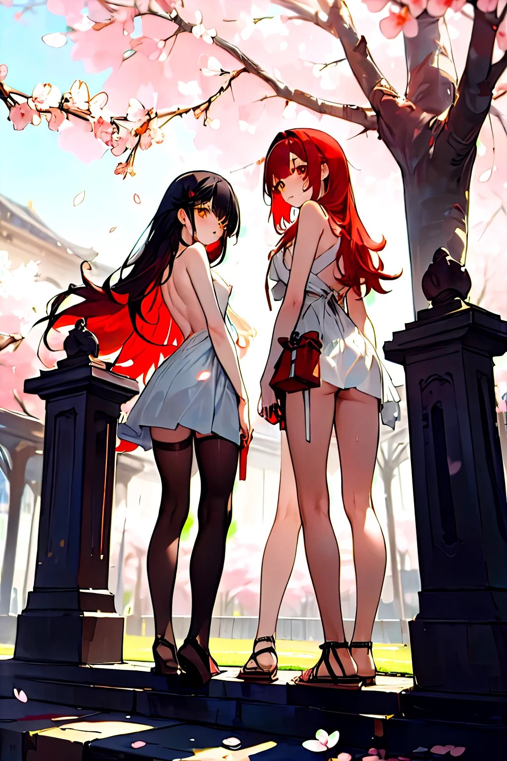 ((masterpiece,Best quality)),2 naked girls, black stockings, black hair, Cherry blossoms, day, flower, lock of hair, long hair, I look at the viewer, looking back, several girls, average good, heart, thin body, on open air, Red eyes, Red hair, tape, sandals, single lock of hair, ladder, standing, statue, tory, tree, naked, yellow eyes