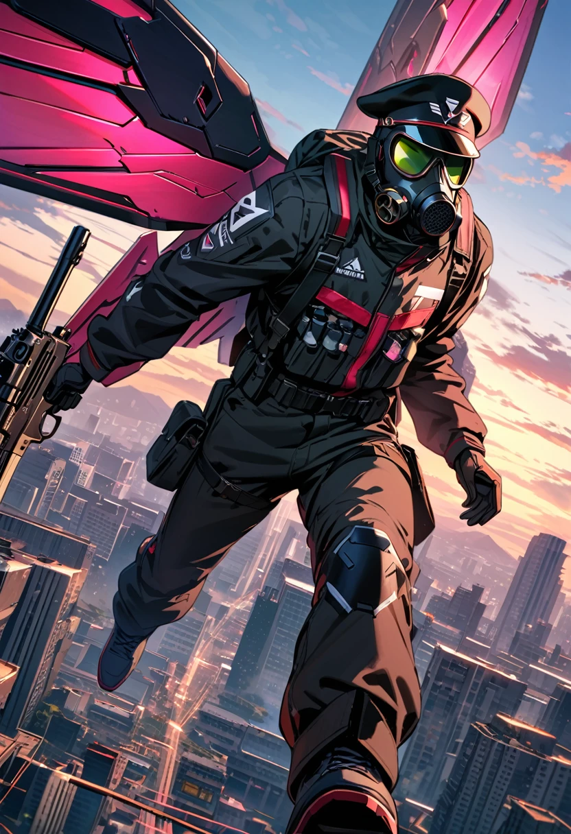 (masterpiece, best quality:1.1), (ultra highres, ultra-detailed:1.2) ,one boy flying,fly high,fly,sky high,paratroopers,male officer,(pose),(black military cap,military Gasmask,black gloves,many gear shaped button,has gun(Luger-P08),(mechanical wings),),neon-colored Mecha wings,BREAK cyberpunk nazi-suit,thin body,(sky of ruined city),japan,dynamic angle,