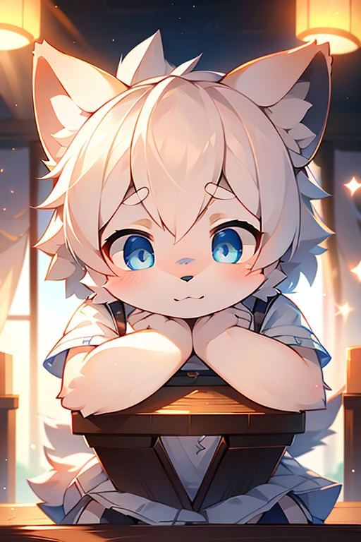 （(shy)），short white haired,( big blue eyes),anthropomorphic sitting furry little wolf,((full body furry)), cute,(head bust close-up),Beautiful lights and shadows,delicate eyes,were white skirt，8k, highres, masterpiece, usharp focus, extreme detail description, professional, vivid colors, bokeh