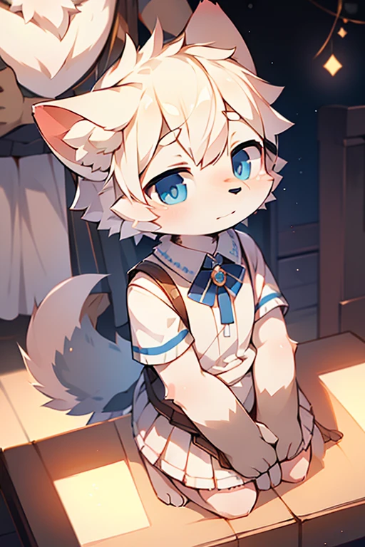 ((shy)),short white haired,( big blue eyes),anthropomorphic sitting furry little wolf,((full body furry)), cute,(head bust close-up),Beautiful lights and shadows,delicate eyes,were white skirt,8k, highres, masterpiece, usharp focus, extreme detail description, professional, vivid colors, bokeh