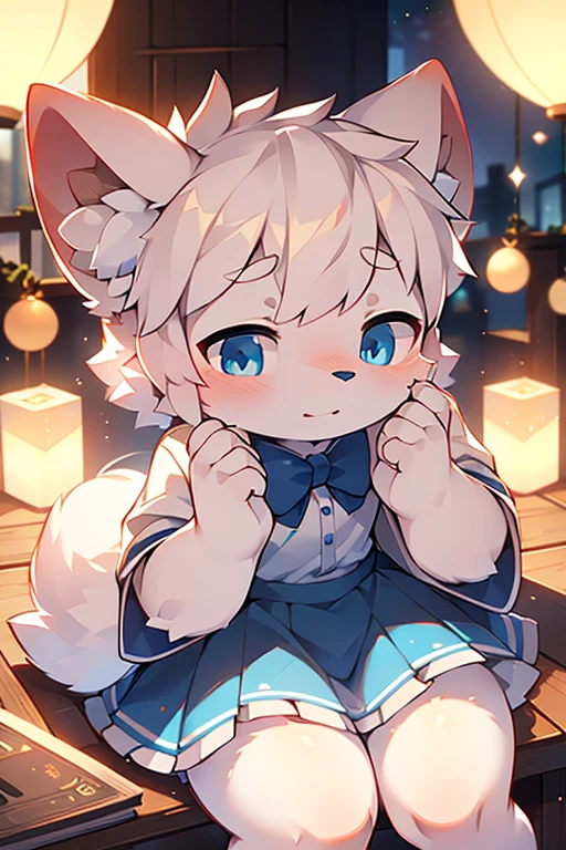 （(shy)），short white haired,( big blue eyes),anthropomorphic sitting furry little wolf,((full body furry)), cute,(head bust close-up),Beautiful lights and shadows,delicate eyes,were white skirt，8k, highres, masterpiece, usharp focus, extreme detail description, professional, vivid colors, bokeh