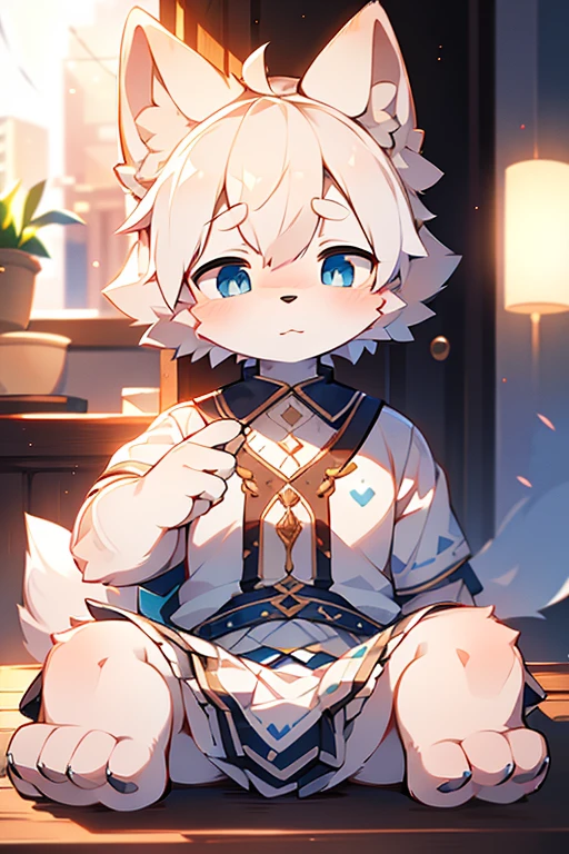((shy)),short white haired,( big blue eyes),anthropomorphic sitting furry little wolf,((full body furry)), cute,(head bust close-up),Beautiful lights and shadows,delicate eyes,were white skirt,8k, highres, masterpiece, usharp focus, extreme detail description, professional, vivid colors, bokeh