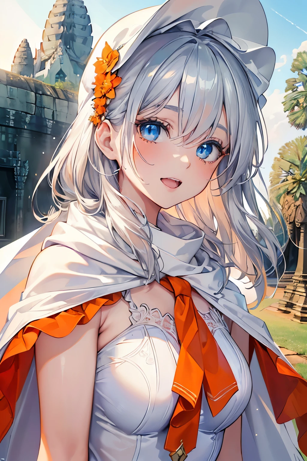 (Best quality,4K,8K,High resolution,Masterpiece:1.2),Super detailed,(Actual, Realistic),
break,
((Beautiful clear blue eyes:1.2)),very kind eyes,eyes wide open,beautiful eyelashes,beautiful lower eyelashes,
break,
((Beautiful and shiny silver hair:1.3)),A dazzling smile, a bursting smile, an open mouth laugh,
break,
((orange dress:1.3)),stylish summer sun hat,((white cape shawl:1.3))
break,
very happily,((bust shot)),zoom in,((Angkor Wat:1.3))