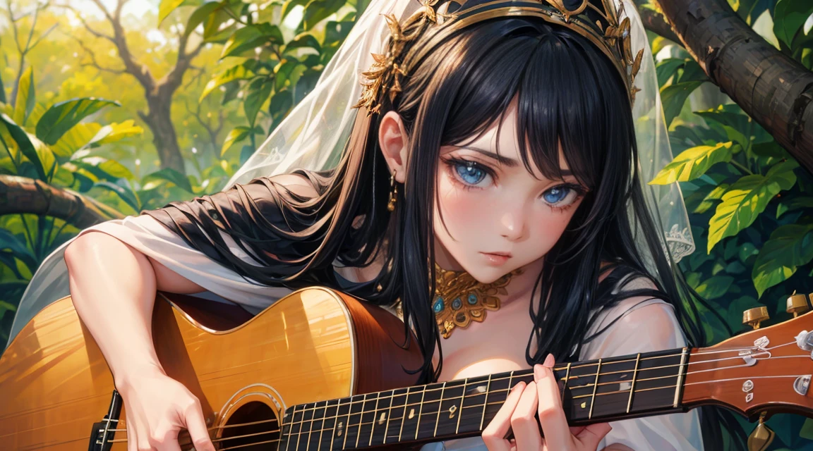 (Better Quality,4K,High resolution:1.2),Ultra-detailed,Realist,Beautiful and fine details,Beautiful lip detail,Highly detailed eyes and face,Long eyelashes,1 female,Woman sitting on a tree trunk playing guitar,autumn's,Fallen leaves,Light and Shadow of the Movie,khd,photoRealist:Bright colors:1.1,Bright leaves:1.1,natural backlight:1.1,Calm expression,Soft and warm sunlight,Happy atmosphere,rich vegetation,Melodic Voice,Microphone in hand,Flowing green dress,Loose, flowing hair,Floating notes, Increased contrast:1.1,Dynamic pose,Smooth bokeh:1.1,Playing the banjo,Musical note elements