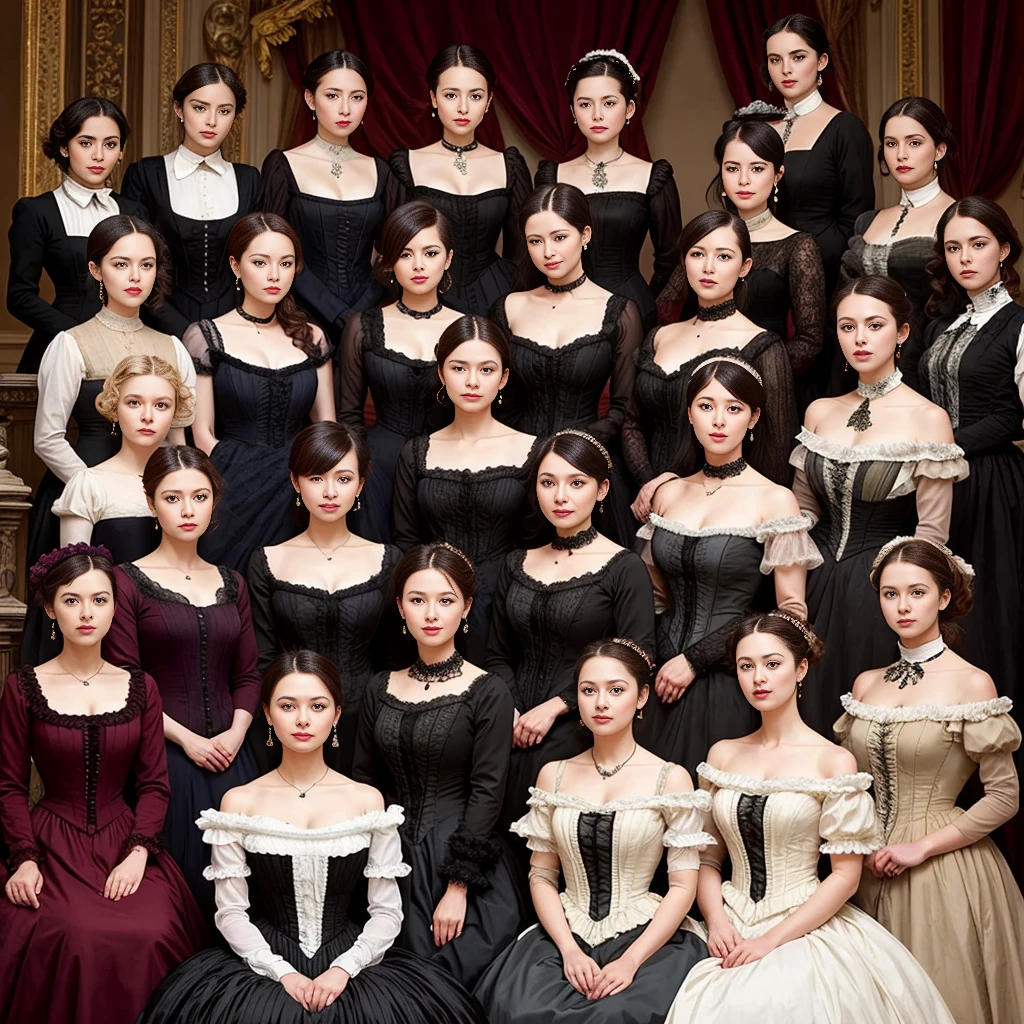 beautiful group of 20 person woman wearing victorian dress focus on face, in the opera stage