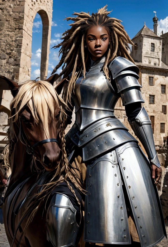 18 year old black woman、Beauty、Blonde、Blonde、Warrior in armor、Exposed Armor、Dreadlocks、background Medieval port town、high resolution
