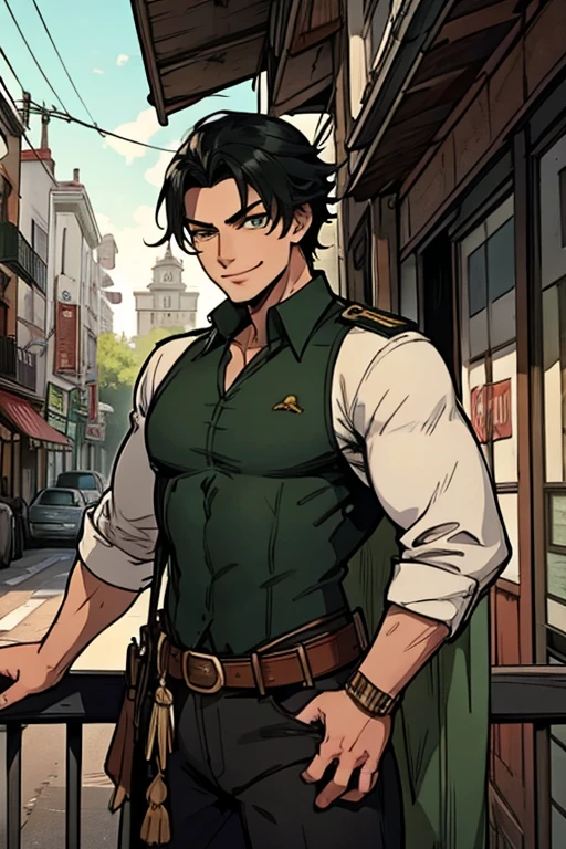 A muscular black haired man with green eyes in a sheriff's outfit is leaning against a railing in a wild west town with a big smile
