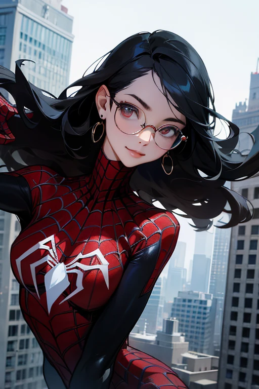 Spider Suit, spiderweb print, spiderweb, Spiderman, masterpiece, Absurd, The finer details, High resolution, ((Highly detailed face and eyes)), Realistic,, Focus on the eyes,, Stand on the roof of a skyscraper, ((No mask)), Looking at the audience, smile, Black Hair, Female Focus, Big Hair, Round Glasses, Earrings, , New York Buildings Background,