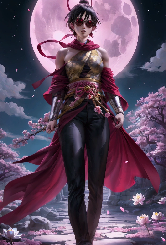 Japanese monk,Small、One Punch Man、 Cherry blossom temple garden at night, Full moon and lotus, Fight evil、Round sunglasses、The Buddha is watching、Hunter、4K