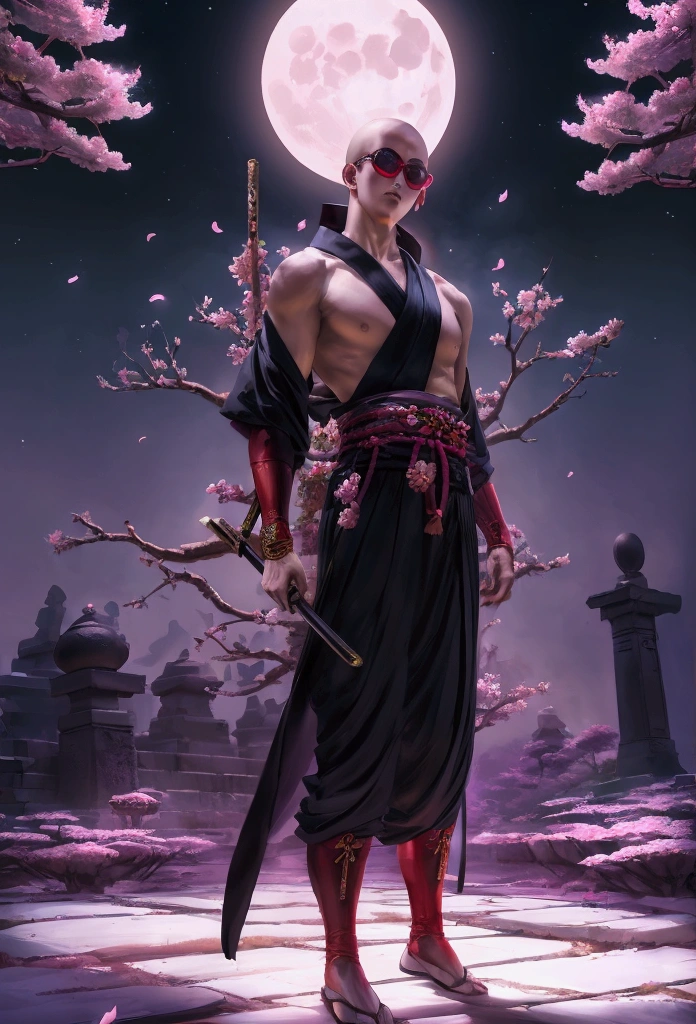 Japanese monk,Small、One Punch Man、 Cherry blossom temple garden at night, Full moon and lotus, Fight evil、Round sunglasses、The Buddha is watching、Hunter、4K