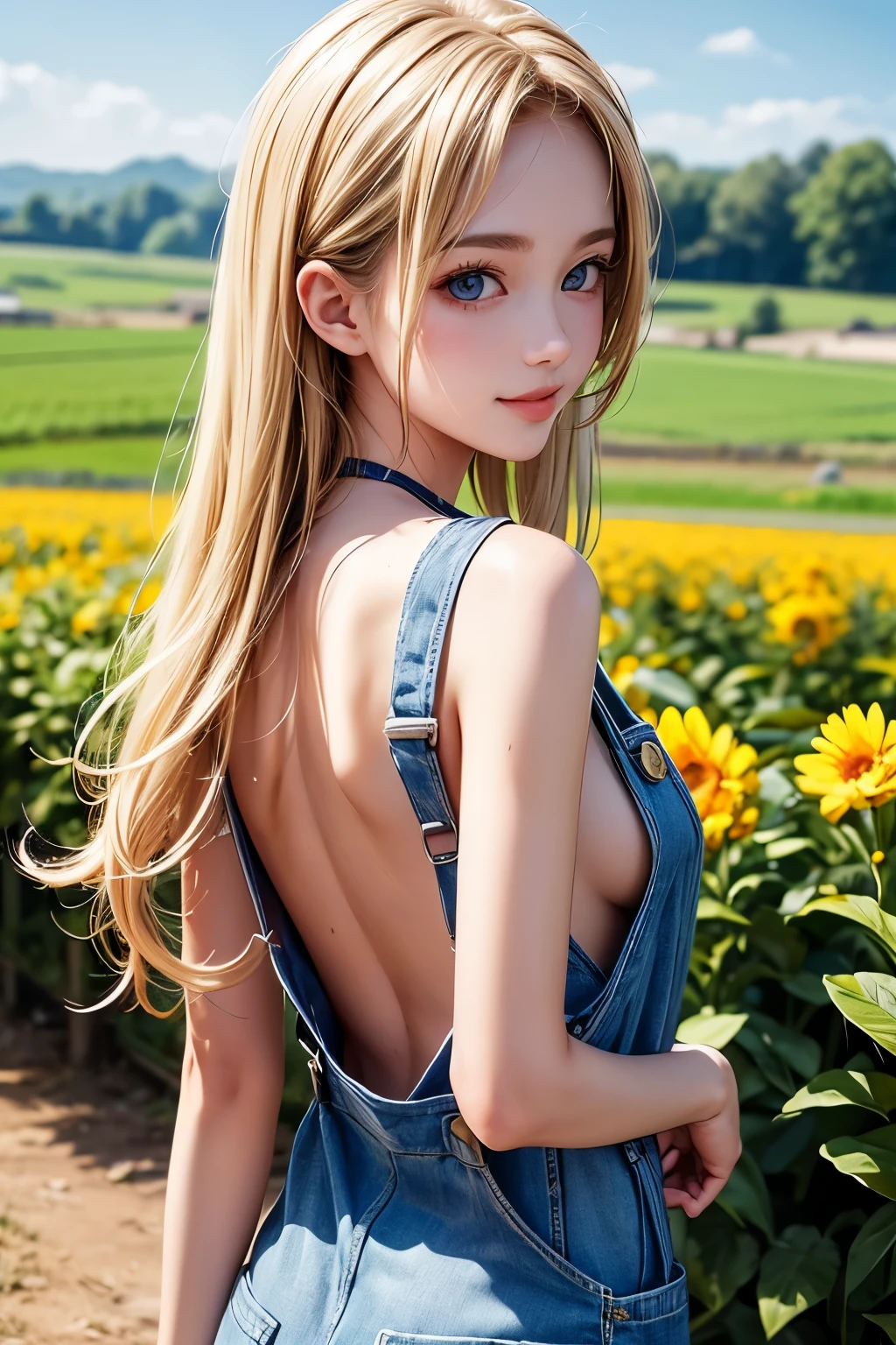masterpiece,Highest quality,Very detailed,Looking to the side美少女,Blonde,Completely naked,back,Overalls,(Looking to the side), ager,Perfect Face,Beautiful and detailed eyes,Beautiful Skin,skinny,Dynamic,smile,Farm Outdoors