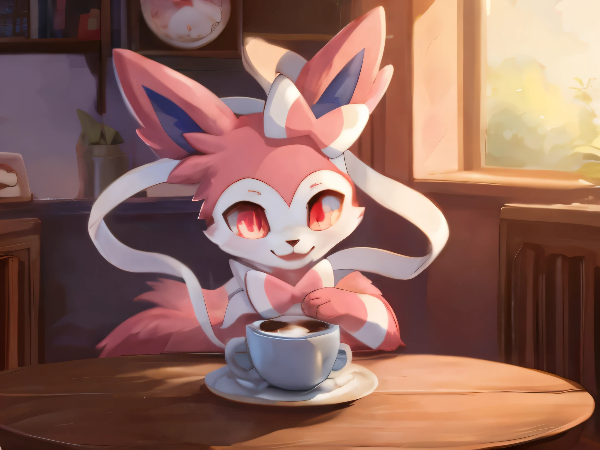 A feral Sylveon drinking a cup of coffee with long ribbons of glowing red eyes 
