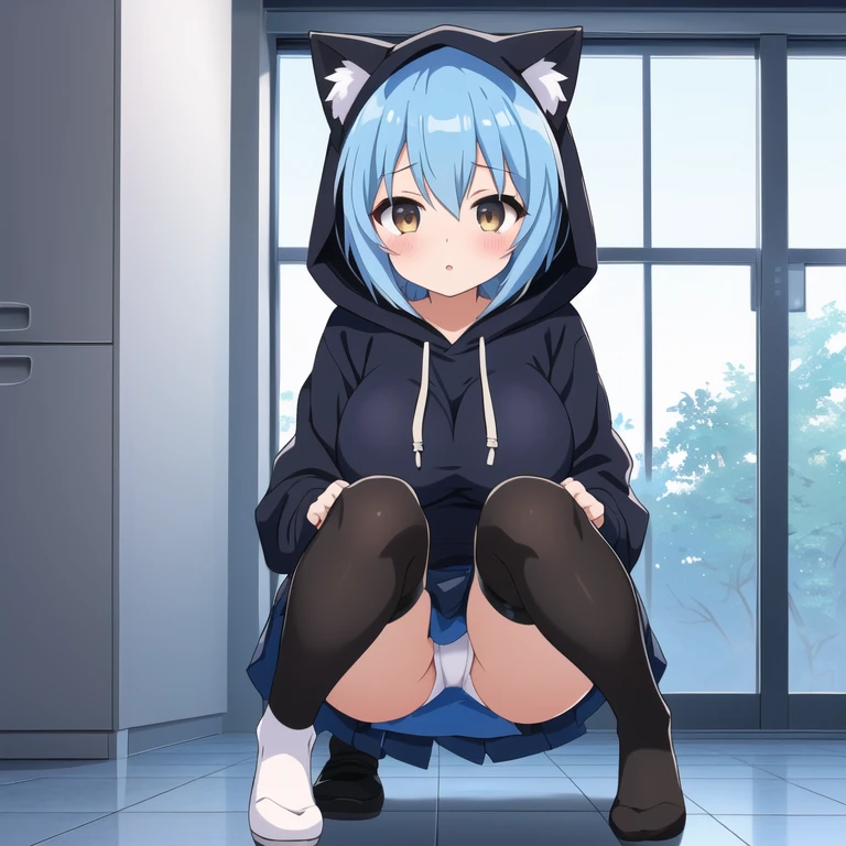 anime girl with blue hair and black cat ears sitting on a stool, anime moe artstyle, Wearing a hoodie, rogue anime girl ayanami rei, 2 d anime style, anime style 4K 円, anime! 4K, anime! 4K 円, Kantai Collection Style, the anime girl is crouching, beautiful anime girl squatting too Massive peeing, wet pussy wet her pants, incontinence, wearing a jacket with a hood made of animal ears and eyes, wearing a hood. Well good, no panty, black pantyhose with thighs visible, Panty shot, 1 girl, blue hair in short bob cut hair, dark brown eyes, lively, cheerful innocent, too large big emphasized breasts that show a lot of skin, boyish, cute, sporty, breasts that seem to stick out, too short miniskirt, high beams, facial massive cumshot,