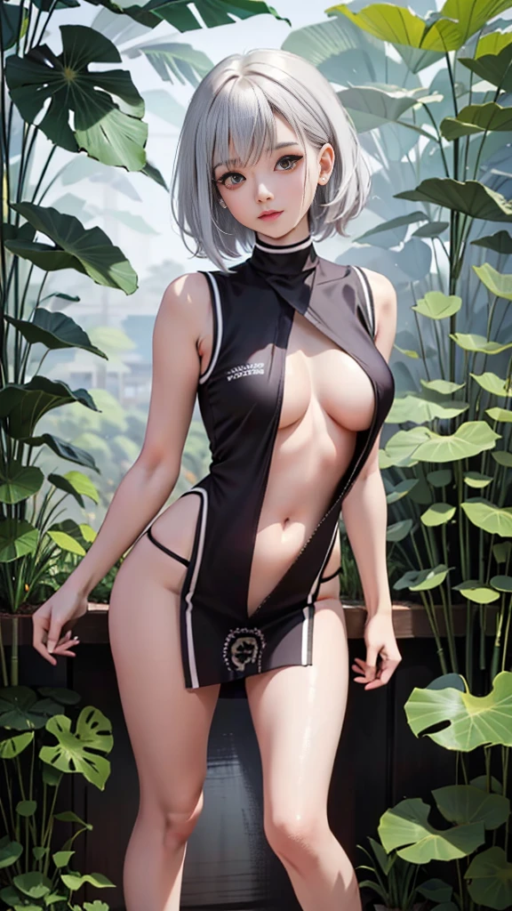 1female,35yo,Milf,long leges,Big breasts Thin waist,Slim,huge-breasted ,Pornographic exposure, solo,(Background with:bamboo forrest,lotuses,lotus flower,exteriors,Lotus Pond) She has short silver-white hair,standing on your feet,Sweat profusely,drenched all over the body,seen from the front, hair straight, mostly cloudy sky,(((tmasterpiece),(Very detailed CG unity 8K wallpaper),best qualtiy,cinmatic lighting,detailed back ground,beatiful detailed eyes,Bright pupils,Black eyes,(Very fine and beautiful),(Beautiful and detailed eye description),ultra - detailed,tmasterpiece,)),facing at camera,A high resolution,ultra - detailed),revealing breasts,Bare genitals, Bulge,legs are open,Raised sexy,Camel toes,Flushed complexion,Open-mouthed,frontage,high school senior,(Wearing:Ancient Chinese school uniform,Blue loose shirt,Sexy black miniskirt,Athletic Sneakers)Full body photo,Show shoes