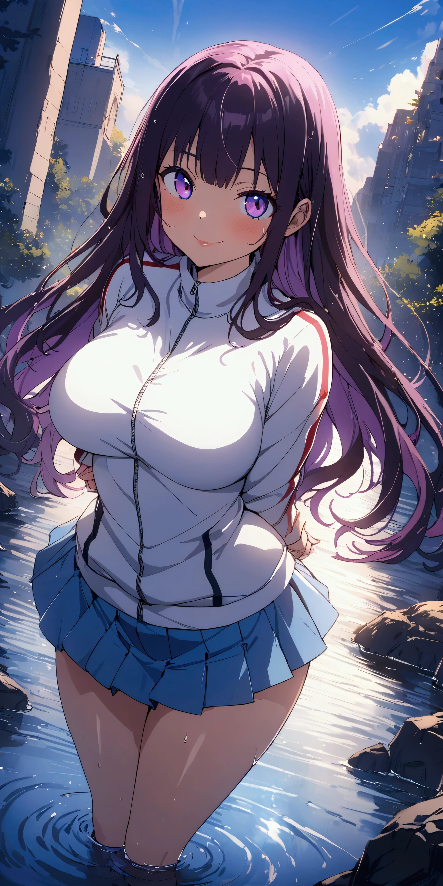 (Highest quality:1.2, 4K, 8k, Studio Anime, Very detailed, up to date, Vibrant, Attention to detail, High Contrast, masterpiece:1.2, Highest quality, Best aesthetics), (((1 girl))), Purple Hair,(Twin tailedium Hair&Straight hair))、Large, round eyes, smile, (beautiful girl: 1.3), Looks about 、(Pleated skirt), (Track jacket 1.2), (((zettai ryouiki)))Rear view、night、(((arms behind back)、Riverside、Wet、Focus on the very big things, Round and beautifully shaped butt,smile、Dynamic Angle, look up:1.3, Friendly atmosphere, Beautiful Hair, Shiny Hair, Beautiful Skin, Detailed face and eyes, Glossy Lips, Curvy Women, Striking contrast,