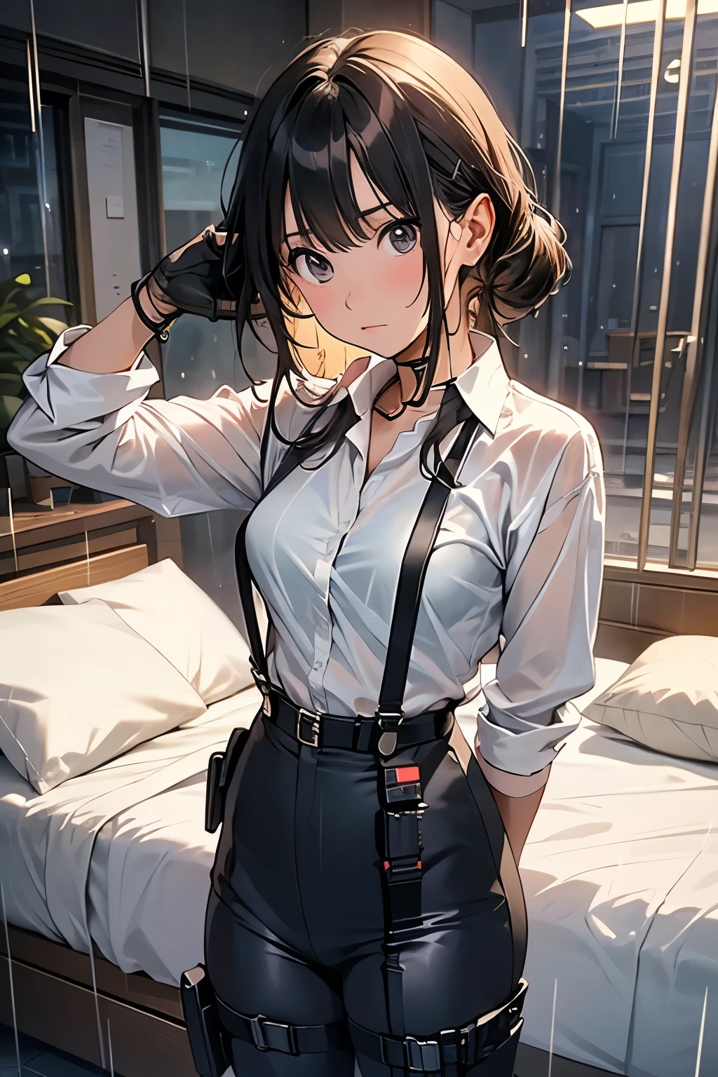 1 female, , high quality, masterpiece, Ultra-high resolution, , Cinema Lighting, , , And the suspenders with the cranes flying Large Breasts Small face holster Lying in bed Looking up Sweat belt summer 脇Sweat Black Hole Gloves suit shirt Black jacket Black trousers Leg Links ズボンにbelt holster Hands behind your back Anxious expression Looking up Anxious face, legs apart Armament Cable ties レッグholster holster See-through clothing heavy rain Getting wet in the rain