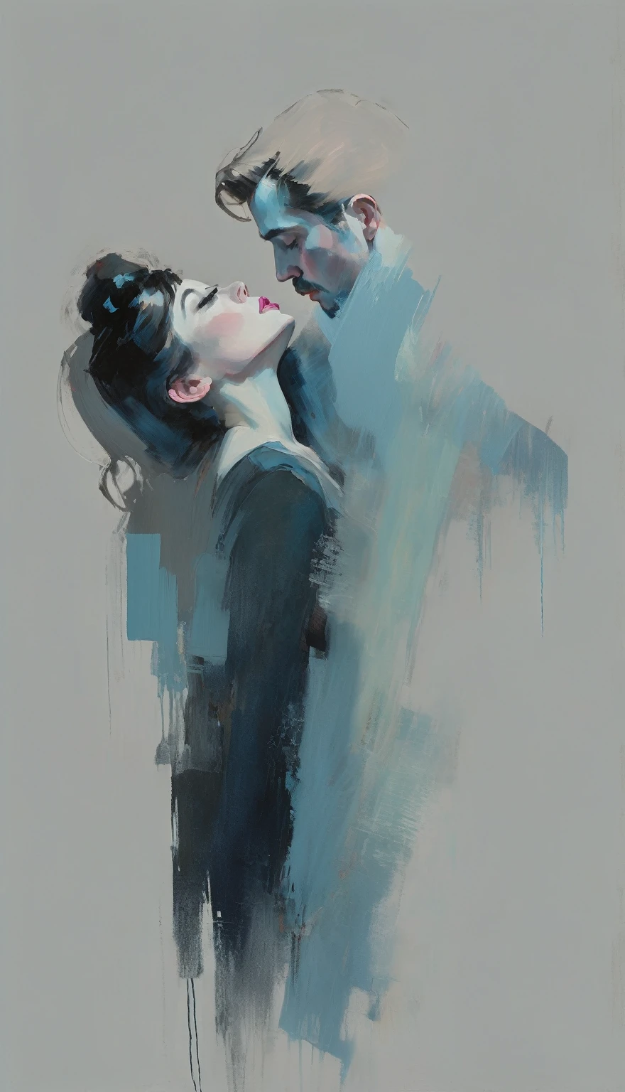 a contemporary portrait of a persons in the expressive and painterly style of Malcolm Liepke,man kissing woman ,close-up of the subject's faces with strong dynamic brushstrokes, focus on capturing the depth and texture, light pink and bright blue highlights and vibrant areas, muted blue, dark grayish blue, very dark gray, and light grayish blue shadows and depth, subtle variations of the same color palette in the background, modern elegance and emotional intensity