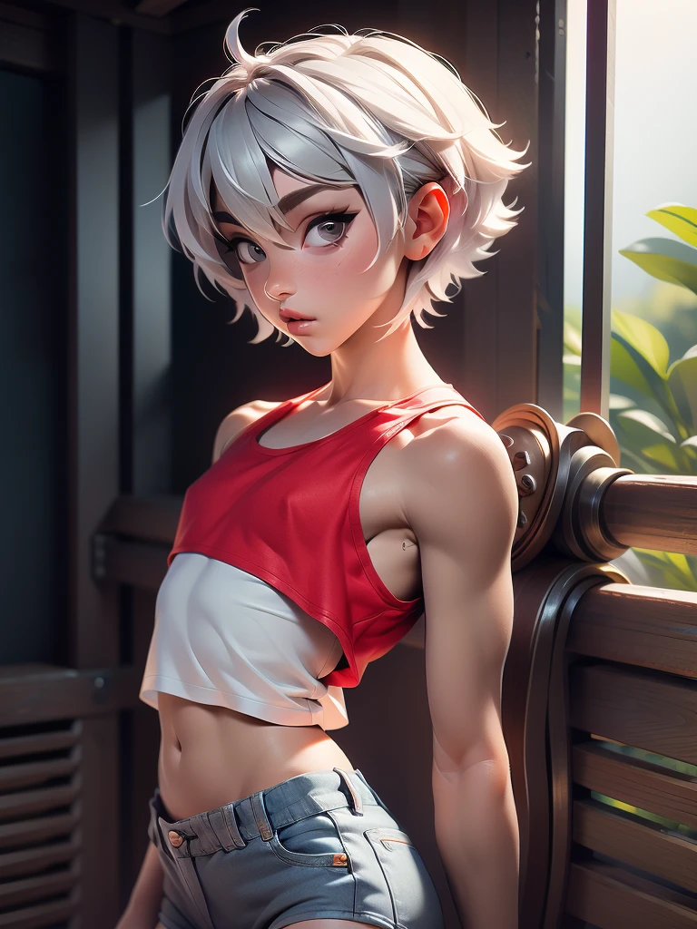 masterpiece, highest quality, 8k, Cinematic Light, Ultra-high resolution, Chibi, One boy,Full Body,Very short hair,Silver Hair, Red tank top, athletic, exposed midriff, denim shorts, big lips, cfemboy, babyface,